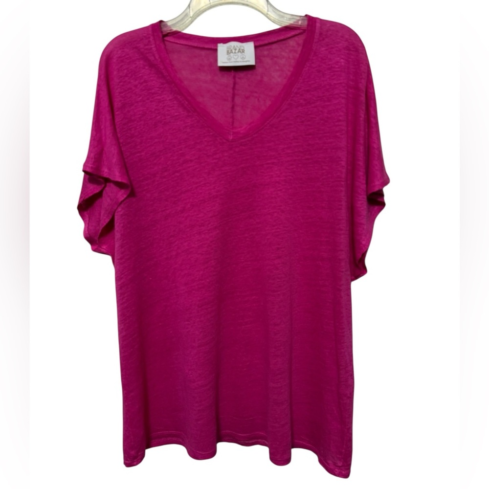 Brand Bazaar Pink Linen V-Neck Short Sleeve Top Size XL